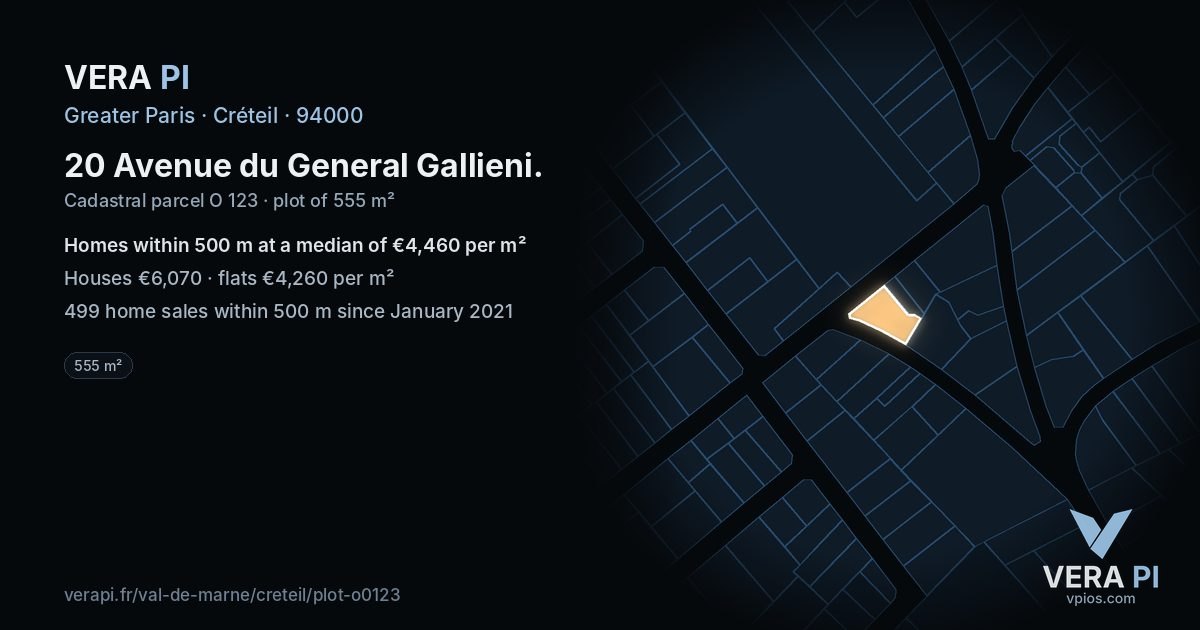 20 Avenue du General Gallieni, Créteil at night – the plot lit, the parcels around coloured by the prices near them