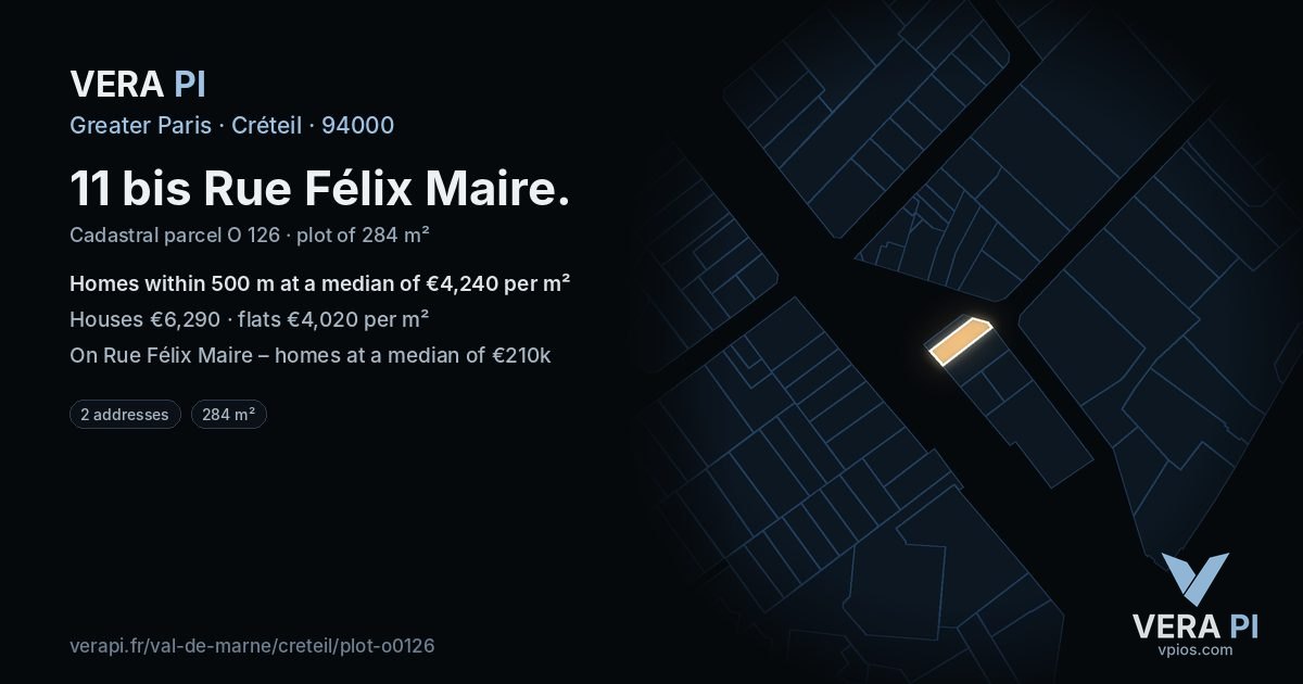 11 bis Rue Félix Maire, Créteil at night – the plot lit, the parcels around coloured by the prices near them