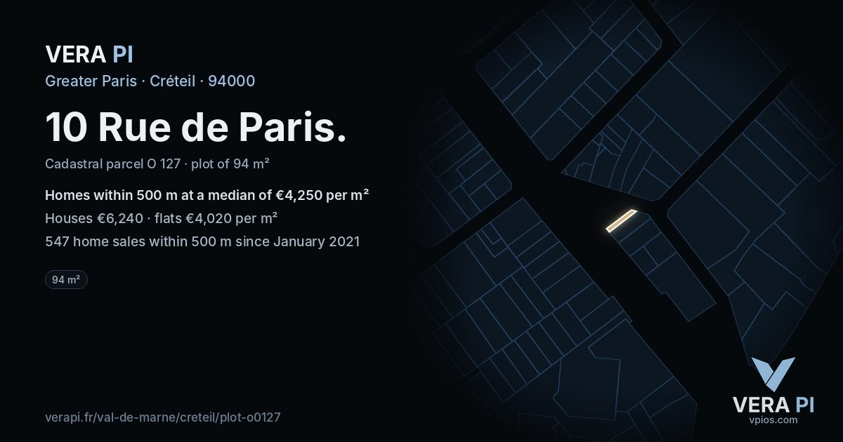 10 Rue de Paris, Créteil at night – the plot lit, the parcels around coloured by the prices near them