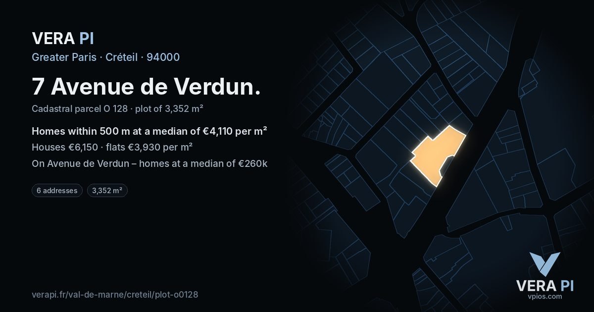 7 Avenue de Verdun, Créteil at night – the plot lit, the parcels around coloured by the prices near them