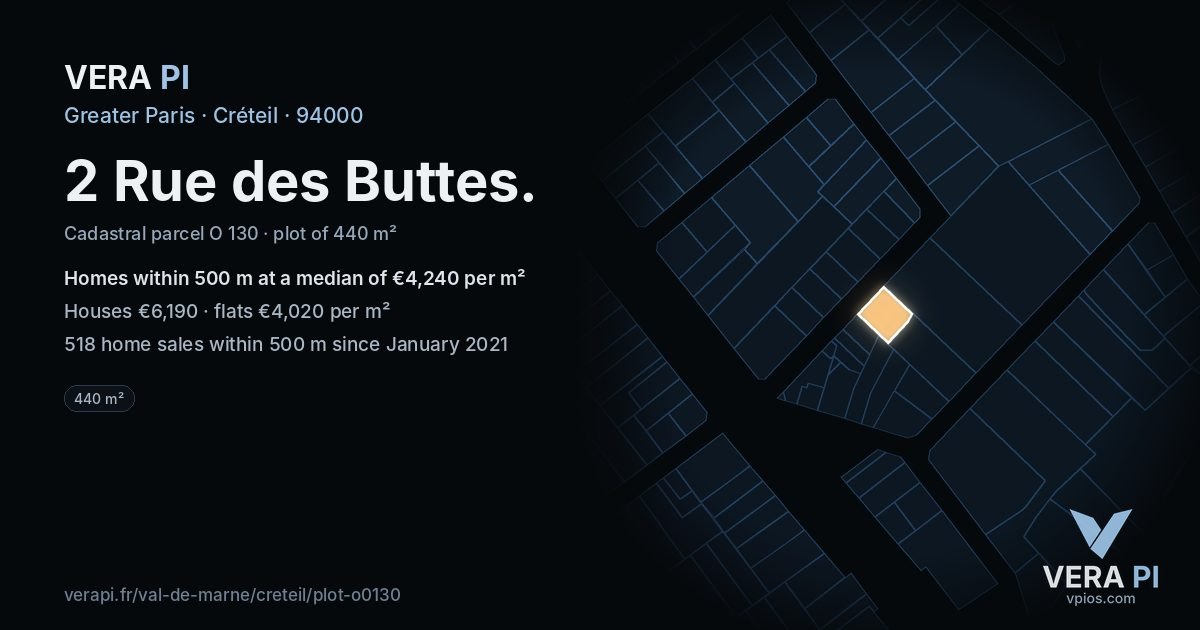 2 Rue des Buttes, Créteil at night – the plot lit, the parcels around coloured by the prices near them
