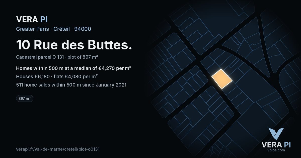 10 Rue des Buttes, Créteil at night – the plot lit, the parcels around coloured by the prices near them