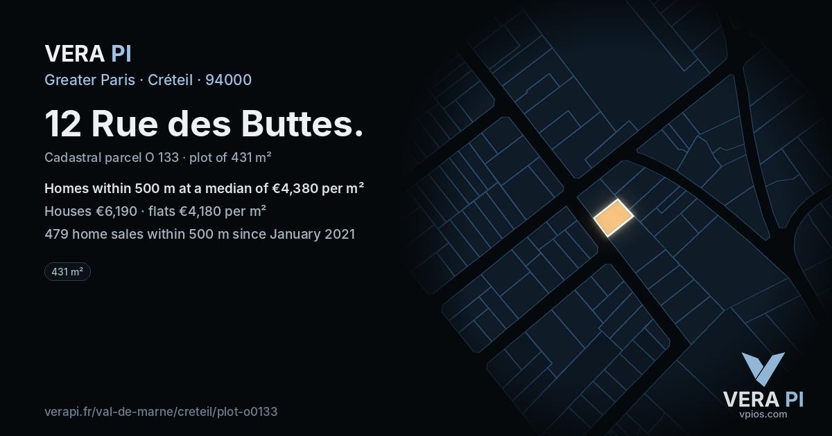 12 Rue des Buttes, Créteil at night – the plot lit, the parcels around coloured by the prices near them