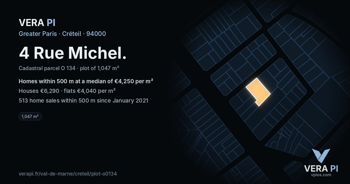 4 Rue Michel, Créteil at night – the plot lit, the parcels around coloured by the prices near them