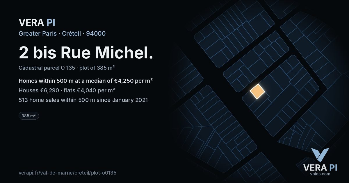 2 bis Rue Michel, Créteil at night – the plot lit, the parcels around coloured by the prices near them