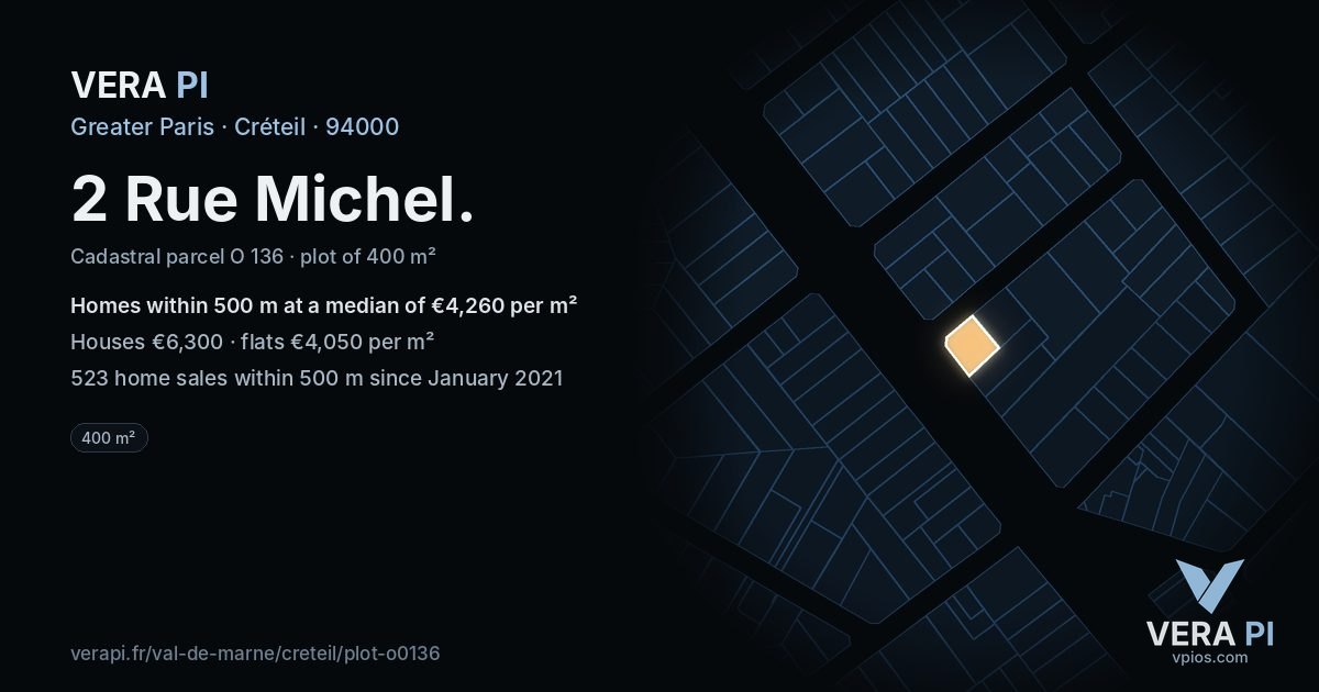 2 Rue Michel, Créteil at night – the plot lit, the parcels around coloured by the prices near them