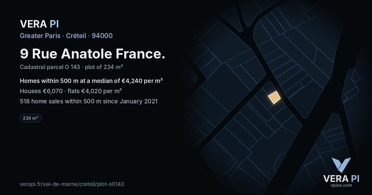 9 Rue Anatole France, Créteil at night – the plot lit, the parcels around coloured by the prices near them