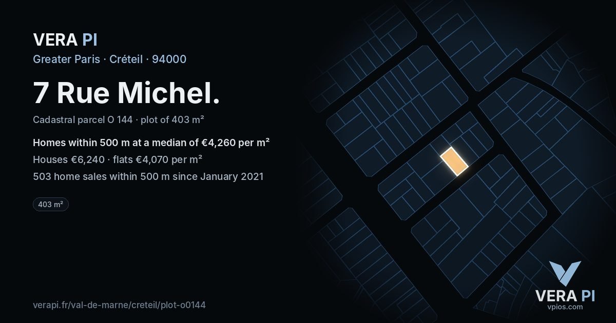 7 Rue Michel, Créteil at night – the plot lit, the parcels around coloured by the prices near them