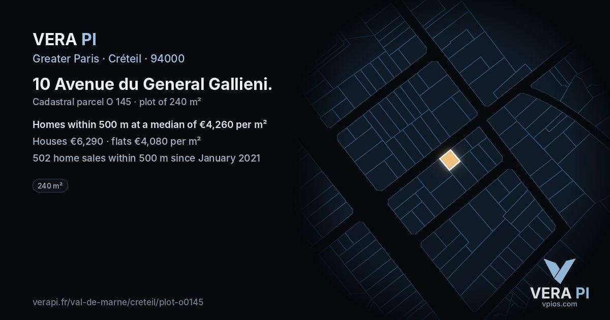 10 Avenue du General Gallieni, Créteil at night – the plot lit, the parcels around coloured by the prices near them