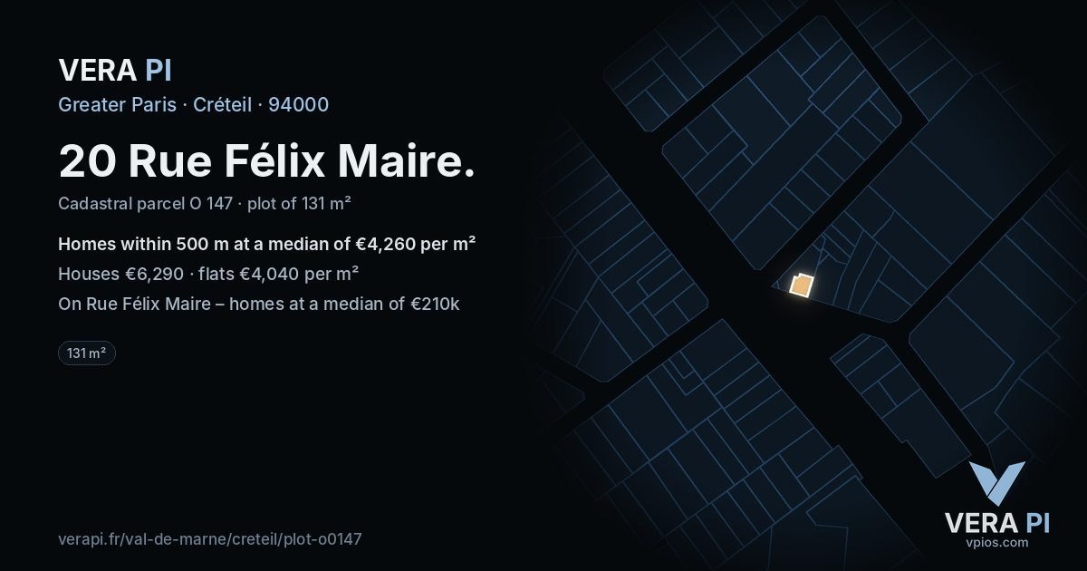 20 Rue Félix Maire, Créteil at night – the plot lit, the parcels around coloured by the prices near them