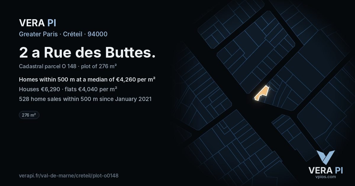 2 a Rue des Buttes, Créteil at night – the plot lit, the parcels around coloured by the prices near them