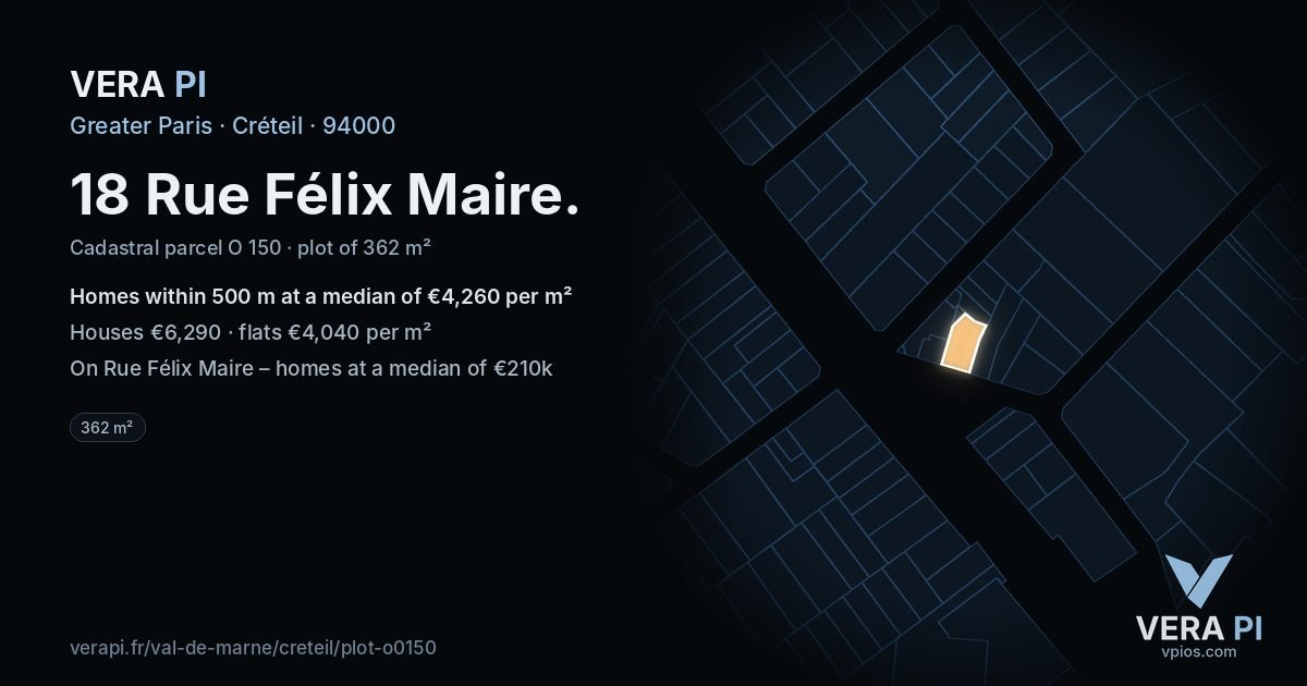 18 Rue Félix Maire, Créteil at night – the plot lit, the parcels around coloured by the prices near them