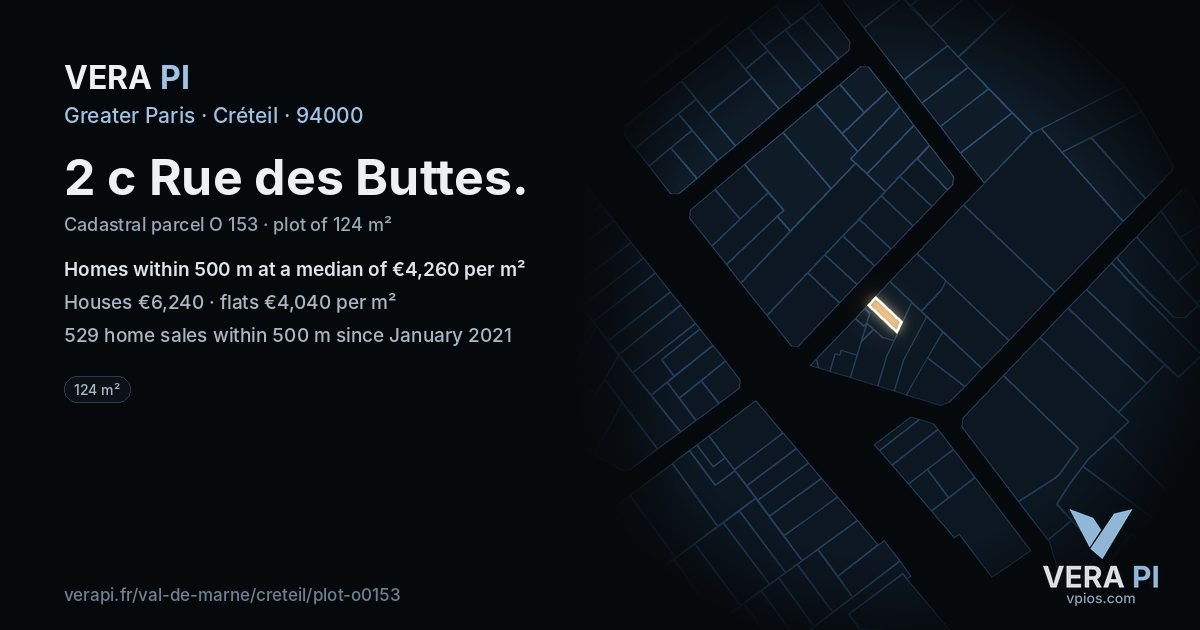 2 c Rue des Buttes, Créteil at night – the plot lit, the parcels around coloured by the prices near them