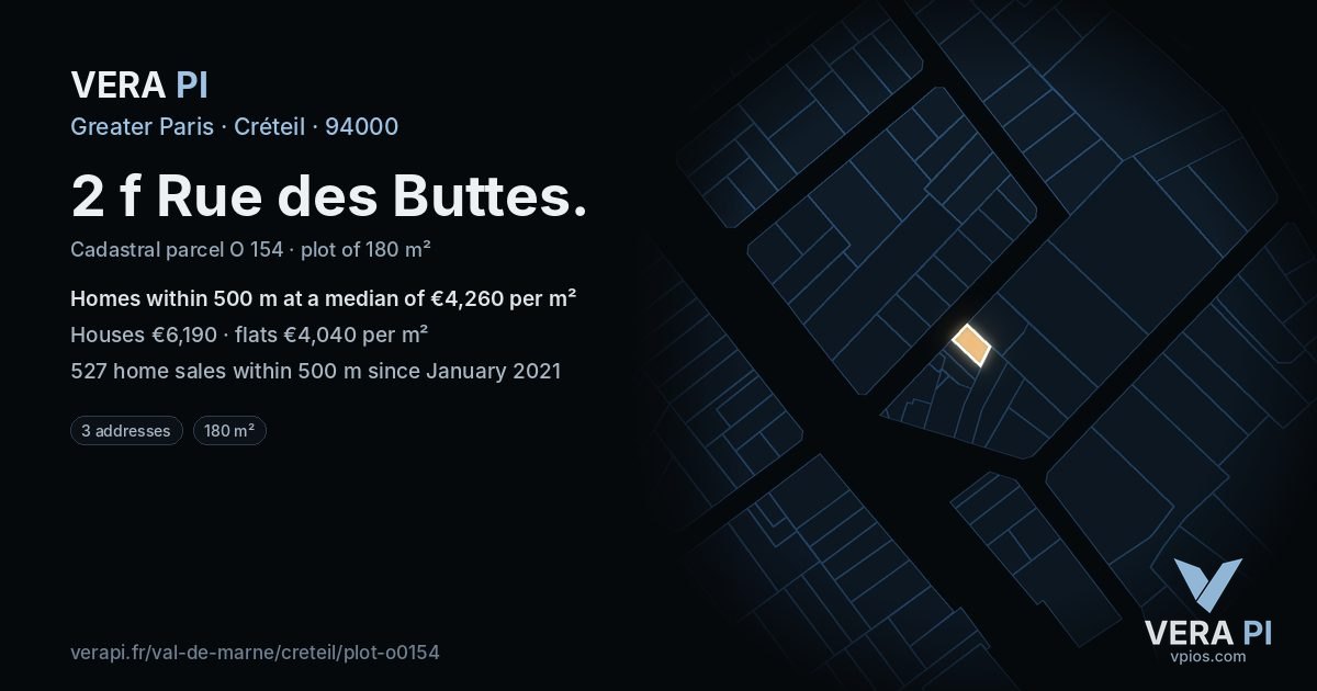 2 f Rue des Buttes, Créteil at night – the plot lit, the parcels around coloured by the prices near them