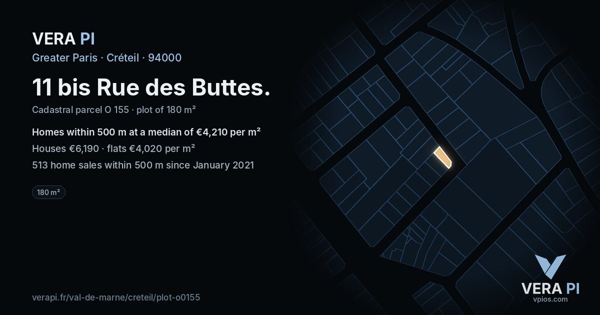 11 bis Rue des Buttes, Créteil at night – the plot lit, the parcels around coloured by the prices near them