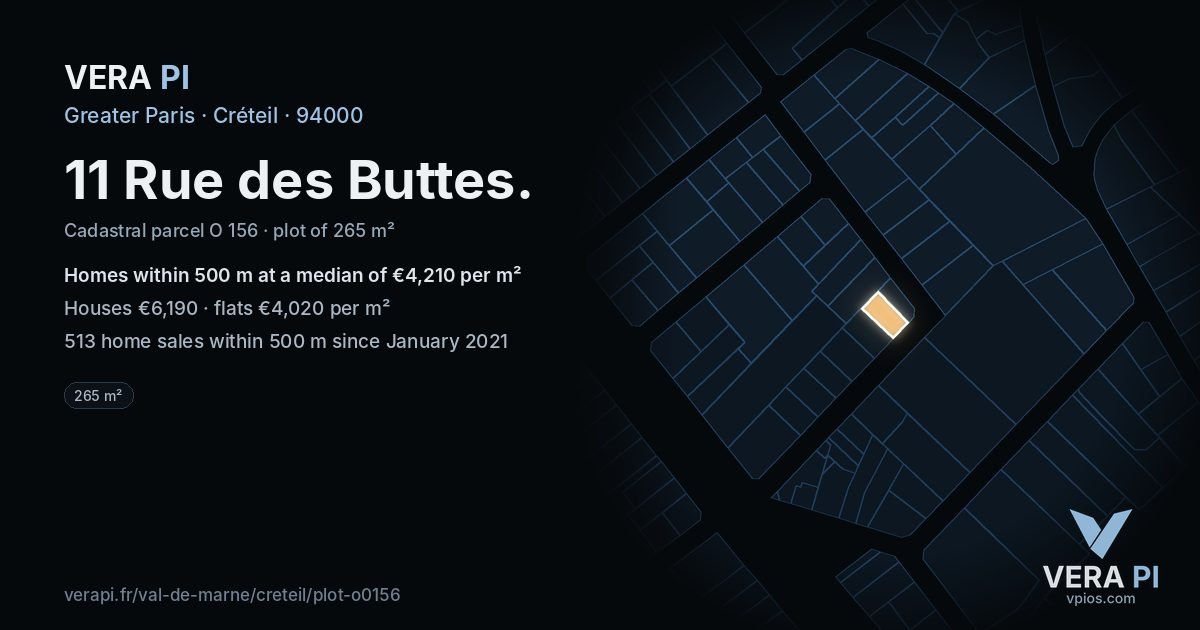 11 Rue des Buttes, Créteil at night – the plot lit, the parcels around coloured by the prices near them