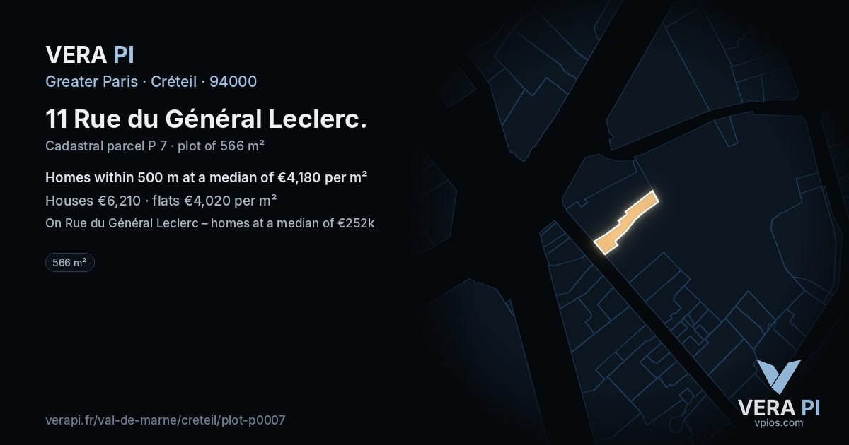 11 Rue du Général Leclerc, Créteil at night – the plot lit, the parcels around coloured by the prices near them