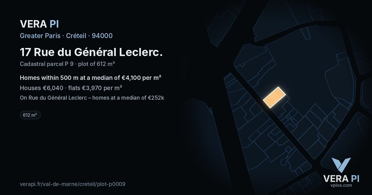 17 Rue du Général Leclerc, Créteil at night – the plot lit, the parcels around coloured by the prices near them
