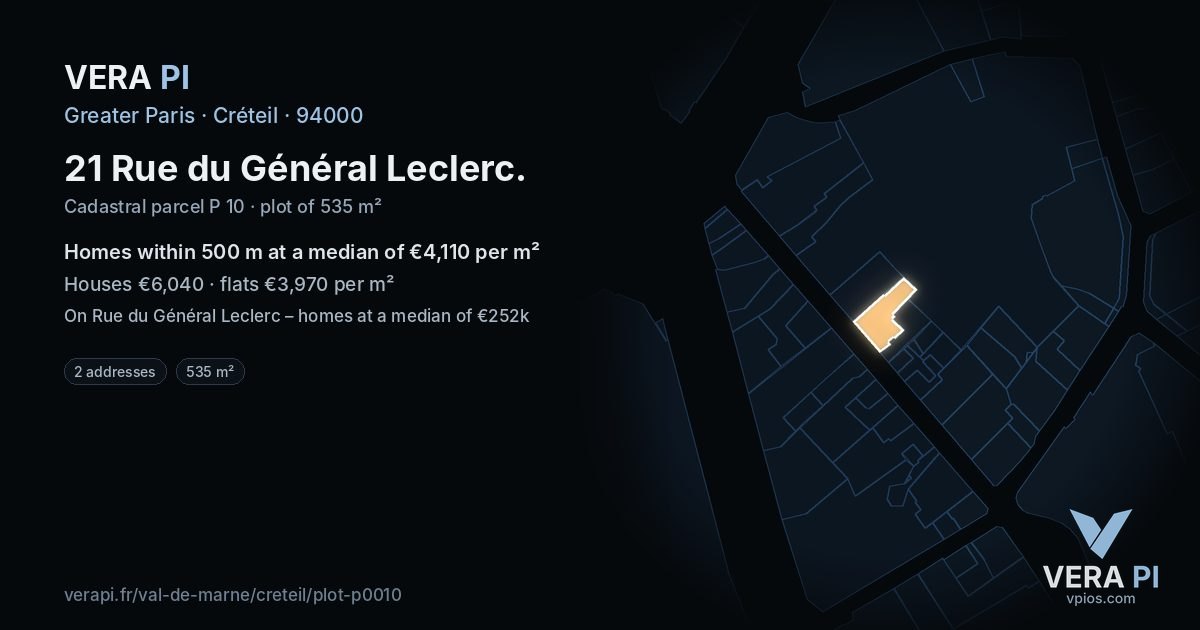 21 Rue du Général Leclerc, Créteil at night – the plot lit, the parcels around coloured by the prices near them