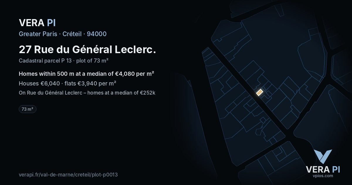 27 Rue du Général Leclerc, Créteil at night – the plot lit, the parcels around coloured by the prices near them