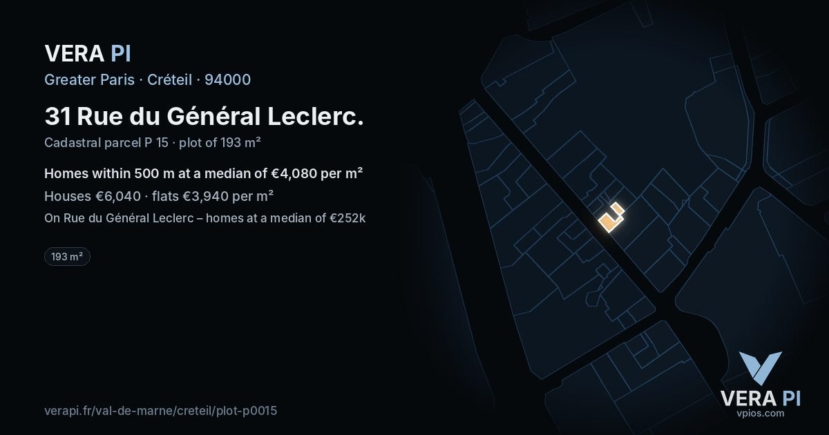 31 Rue du Général Leclerc, Créteil at night – the plot lit, the parcels around coloured by the prices near them