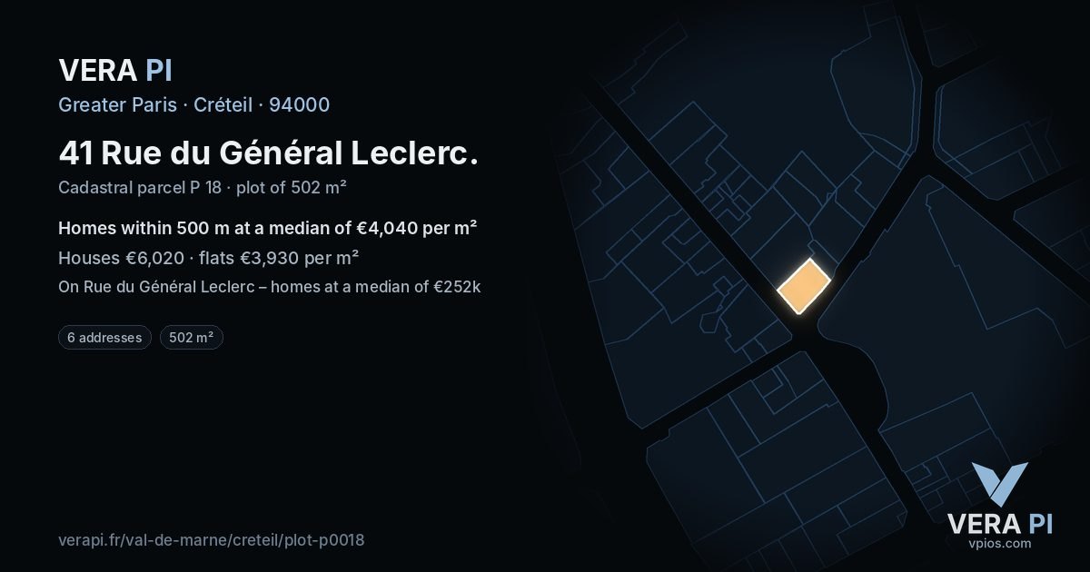 41 Rue du Général Leclerc, Créteil at night – the plot lit, the parcels around coloured by the prices near them