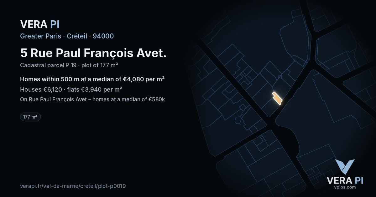 5 Rue Paul François Avet, Créteil at night – the plot lit, the parcels around coloured by the prices near them