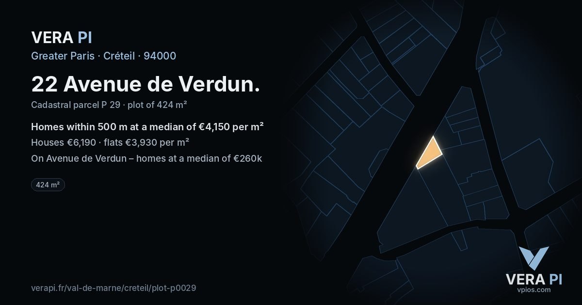 22 Avenue de Verdun, Créteil at night – the plot lit, the parcels around coloured by the prices near them