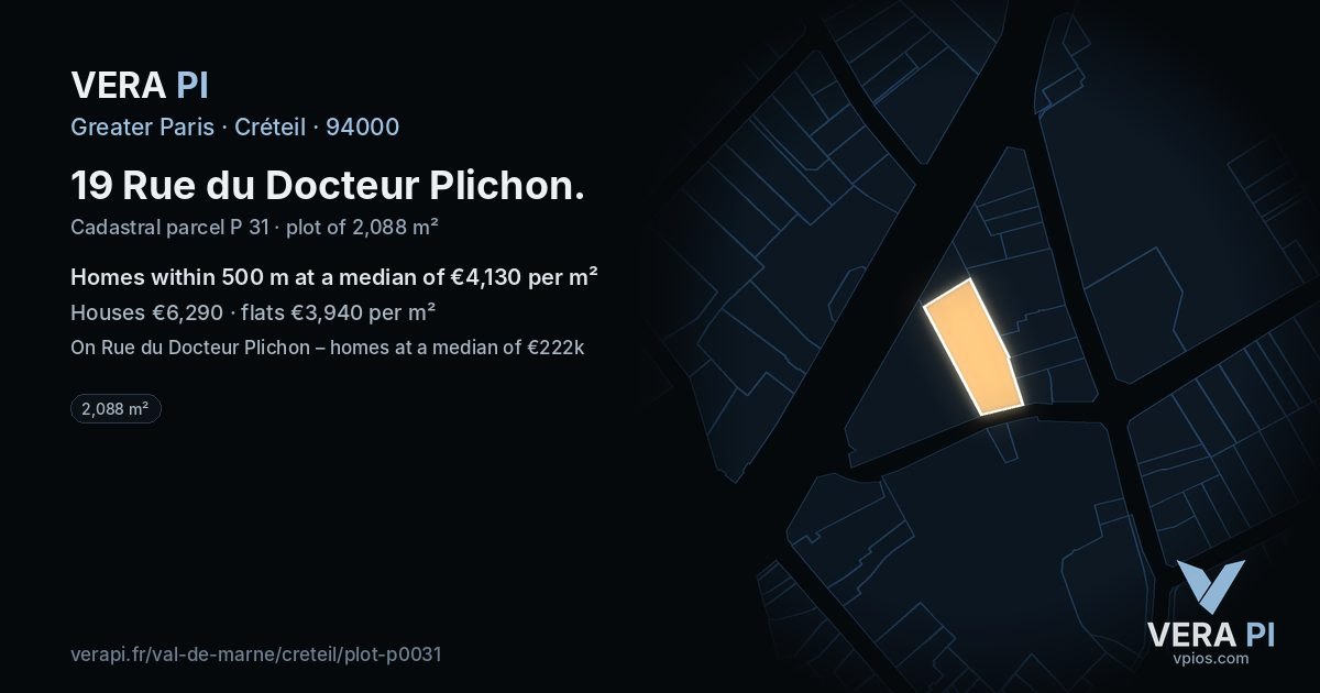 19 Rue du Docteur Plichon, Créteil at night – the plot lit, the parcels around coloured by the prices near them