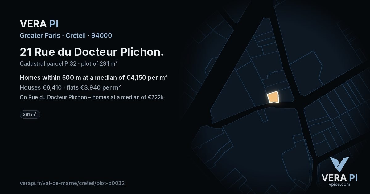 21 Rue du Docteur Plichon, Créteil at night – the plot lit, the parcels around coloured by the prices near them