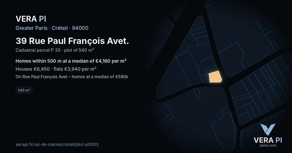 39 Rue Paul François Avet, Créteil at night – the plot lit, the parcels around coloured by the prices near them