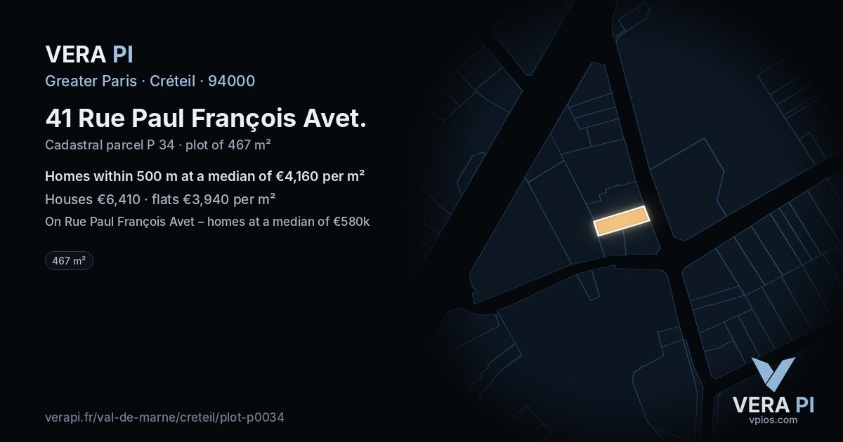 41 Rue Paul François Avet, Créteil at night – the plot lit, the parcels around coloured by the prices near them