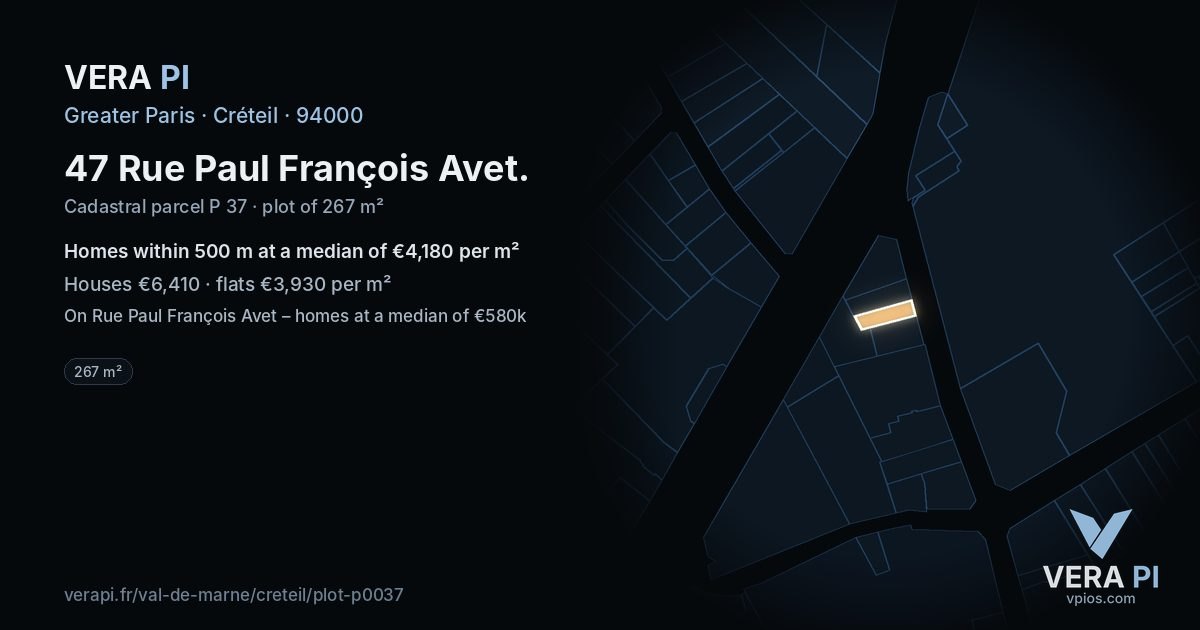 47 Rue Paul François Avet, Créteil at night – the plot lit, the parcels around coloured by the prices near them
