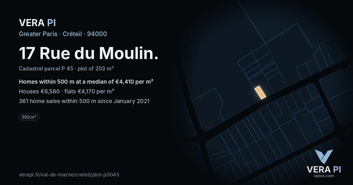 17 Rue du Moulin, Créteil at night – the plot lit, the parcels around coloured by the prices near them