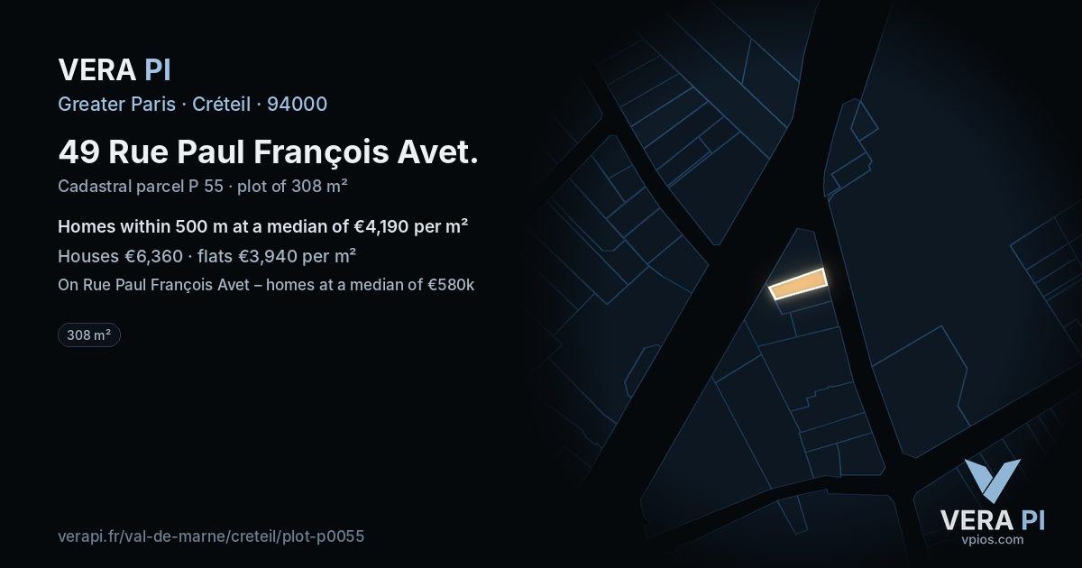 49 Rue Paul François Avet, Créteil at night – the plot lit, the parcels around coloured by the prices near them