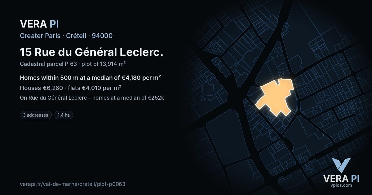 15 Rue du Général Leclerc, Créteil at night – the plot lit, the parcels around coloured by the prices near them