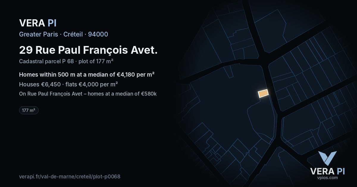 29 Rue Paul François Avet, Créteil at night – the plot lit, the parcels around coloured by the prices near them