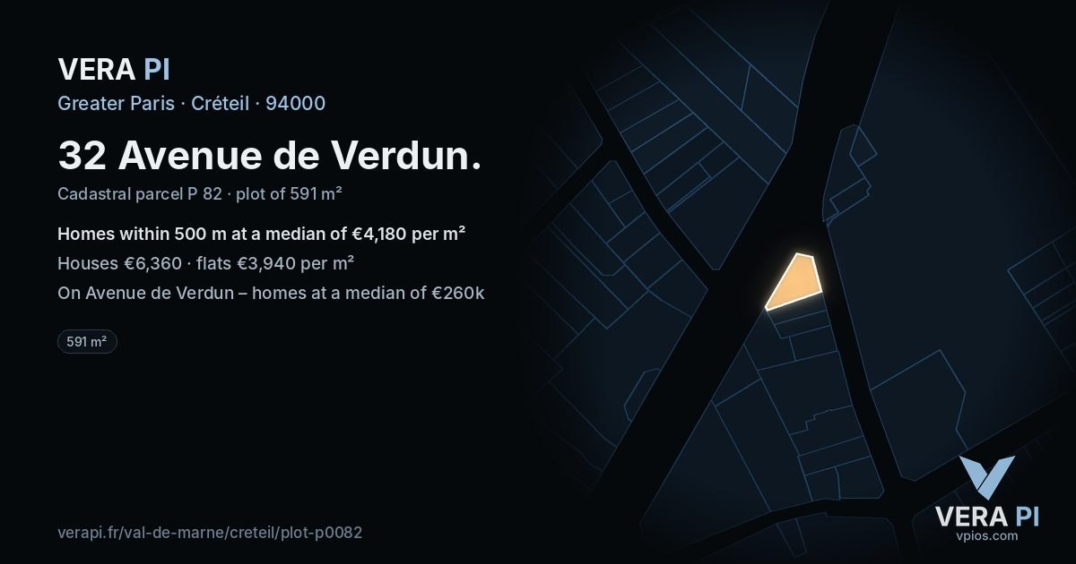32 Avenue de Verdun, Créteil at night – the plot lit, the parcels around coloured by the prices near them