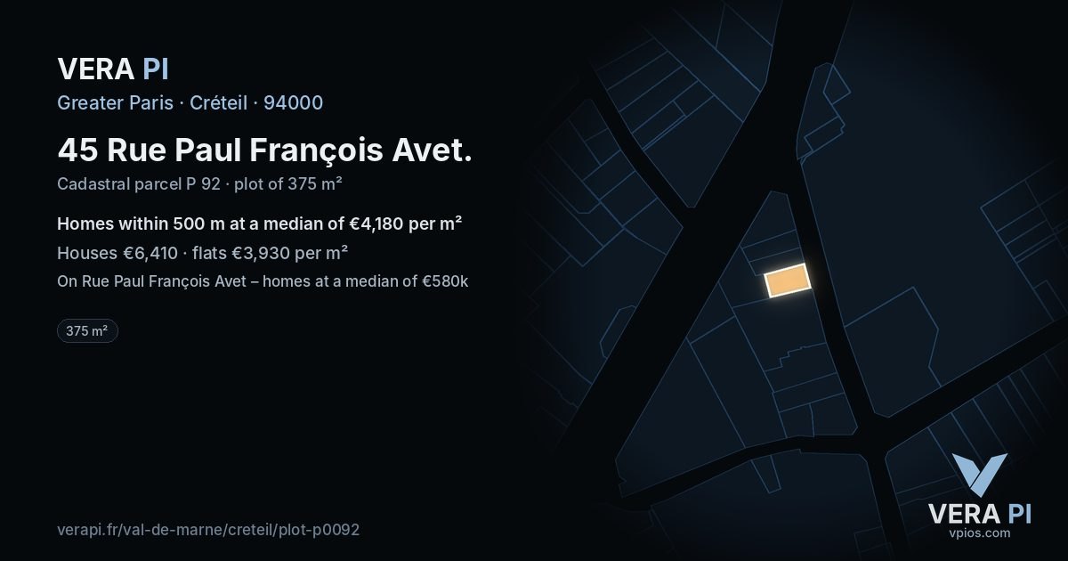 45 Rue Paul François Avet, Créteil at night – the plot lit, the parcels around coloured by the prices near them