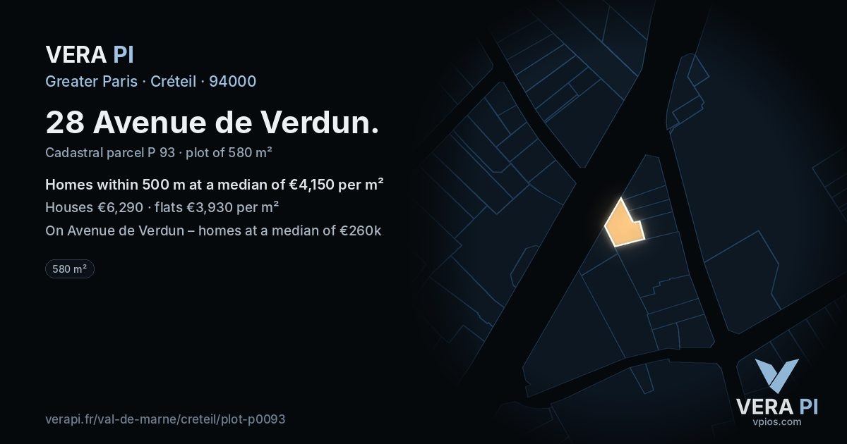 28 Avenue de Verdun, Créteil at night – the plot lit, the parcels around coloured by the prices near them