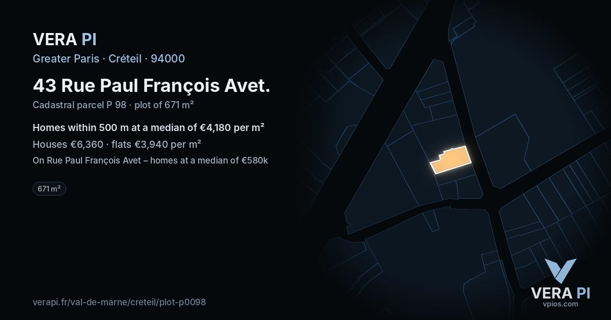 43 Rue Paul François Avet, Créteil at night – the plot lit, the parcels around coloured by the prices near them