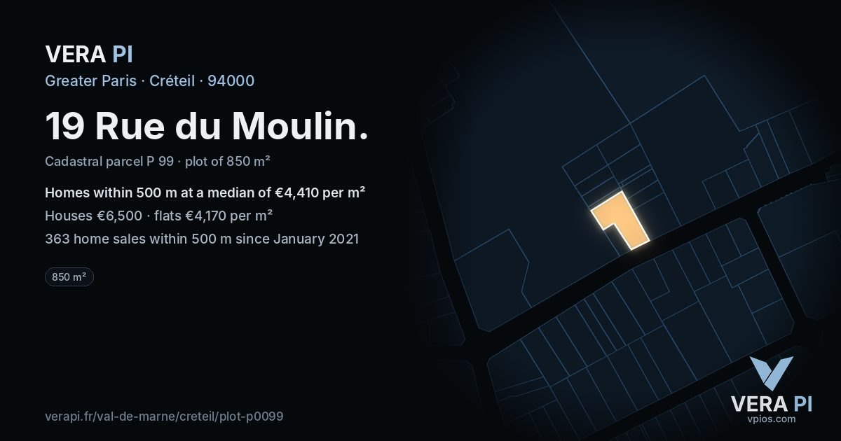 19 Rue du Moulin, Créteil at night – the plot lit, the parcels around coloured by the prices near them