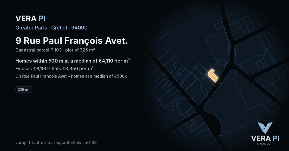 9 Rue Paul François Avet, Créteil at night – the plot lit, the parcels around coloured by the prices near them
