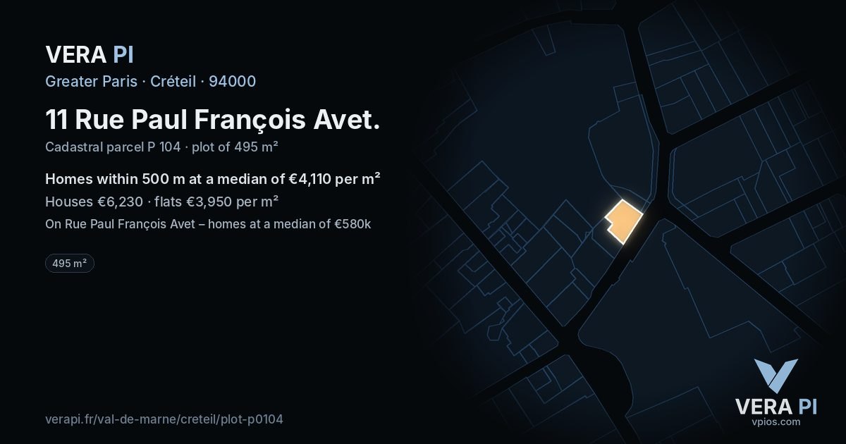 11 Rue Paul François Avet, Créteil at night – the plot lit, the parcels around coloured by the prices near them