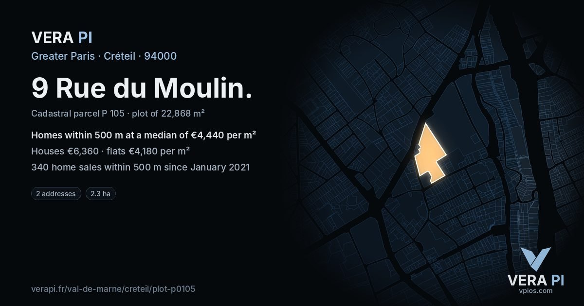 9 Rue du Moulin, Créteil at night – the plot lit, the parcels around coloured by the prices near them