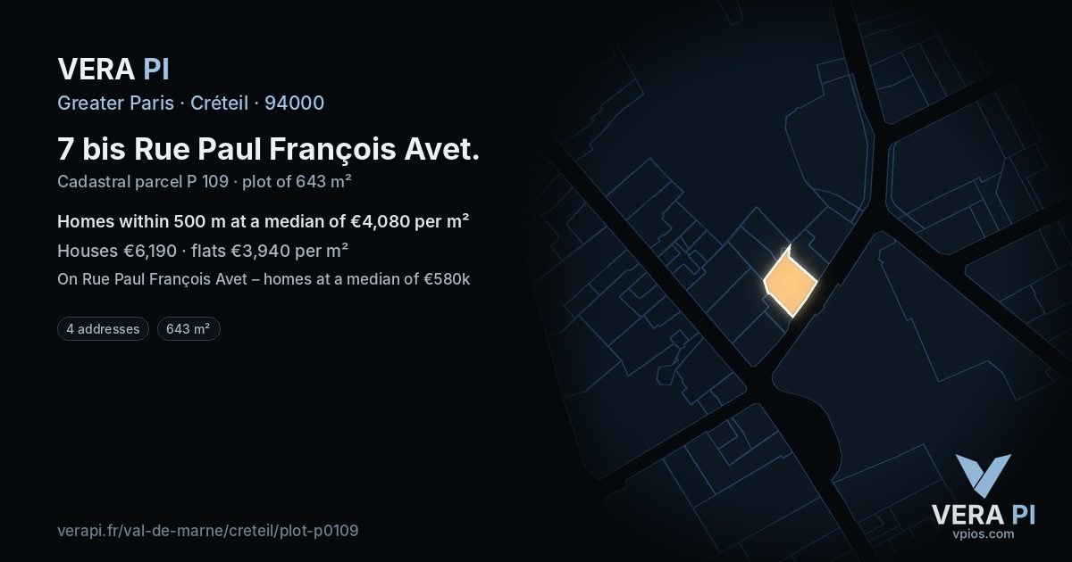 7 bis Rue Paul François Avet, Créteil at night – the plot lit, the parcels around coloured by the prices near them