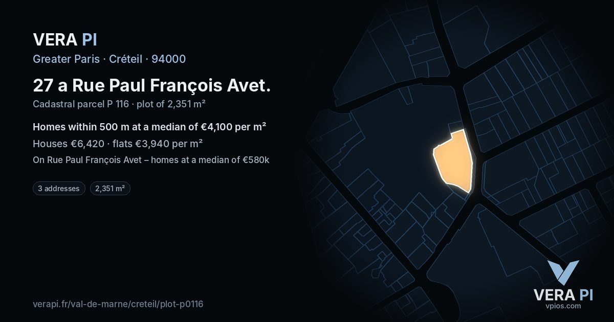 27 a Rue Paul François Avet, Créteil at night – the plot lit, the parcels around coloured by the prices near them