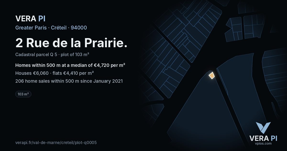 2 Rue de la Prairie, Créteil at night – the plot lit, the parcels around coloured by the prices near them