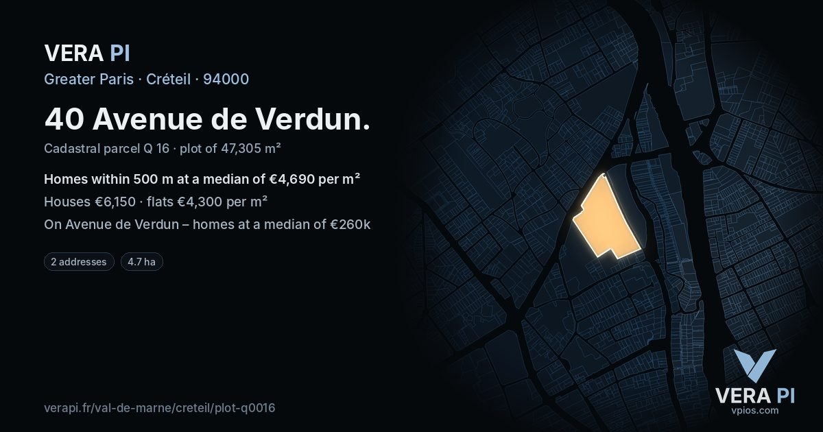 40 Avenue de Verdun, Créteil at night – the plot lit, the parcels around coloured by the prices near them