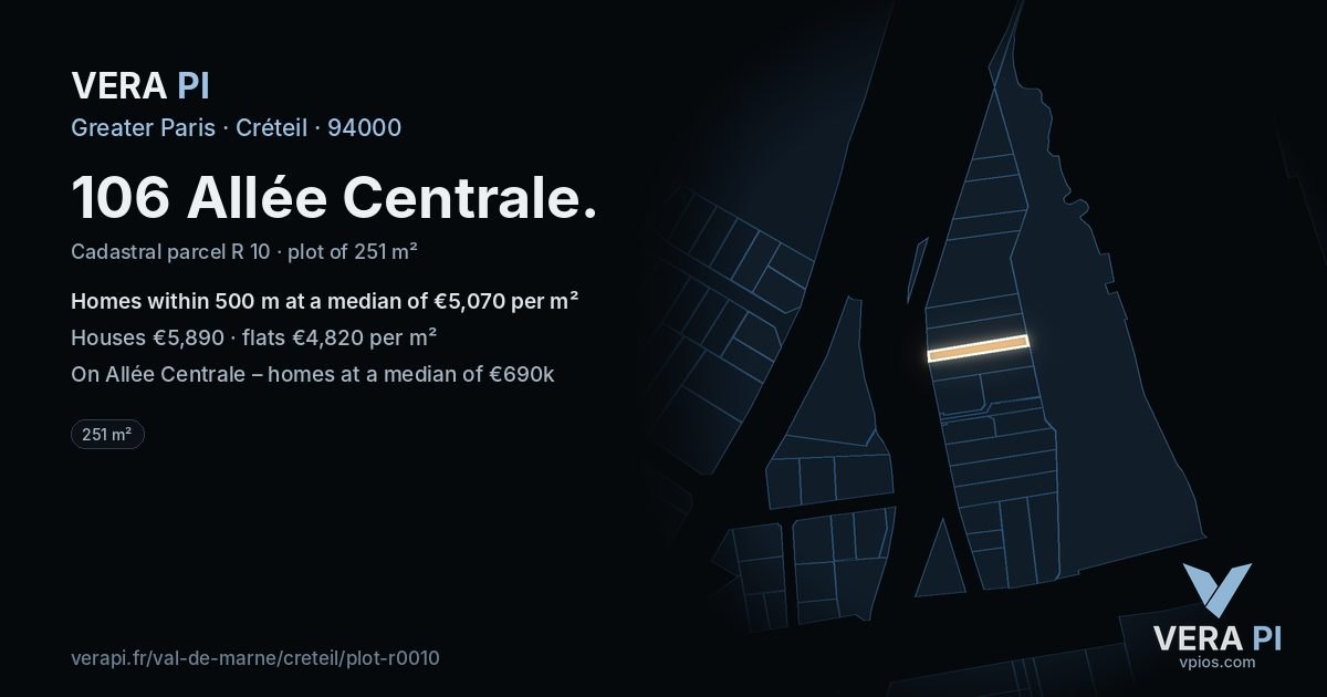 106 Allée Centrale, Créteil at night – the plot lit, the parcels around coloured by the prices near them